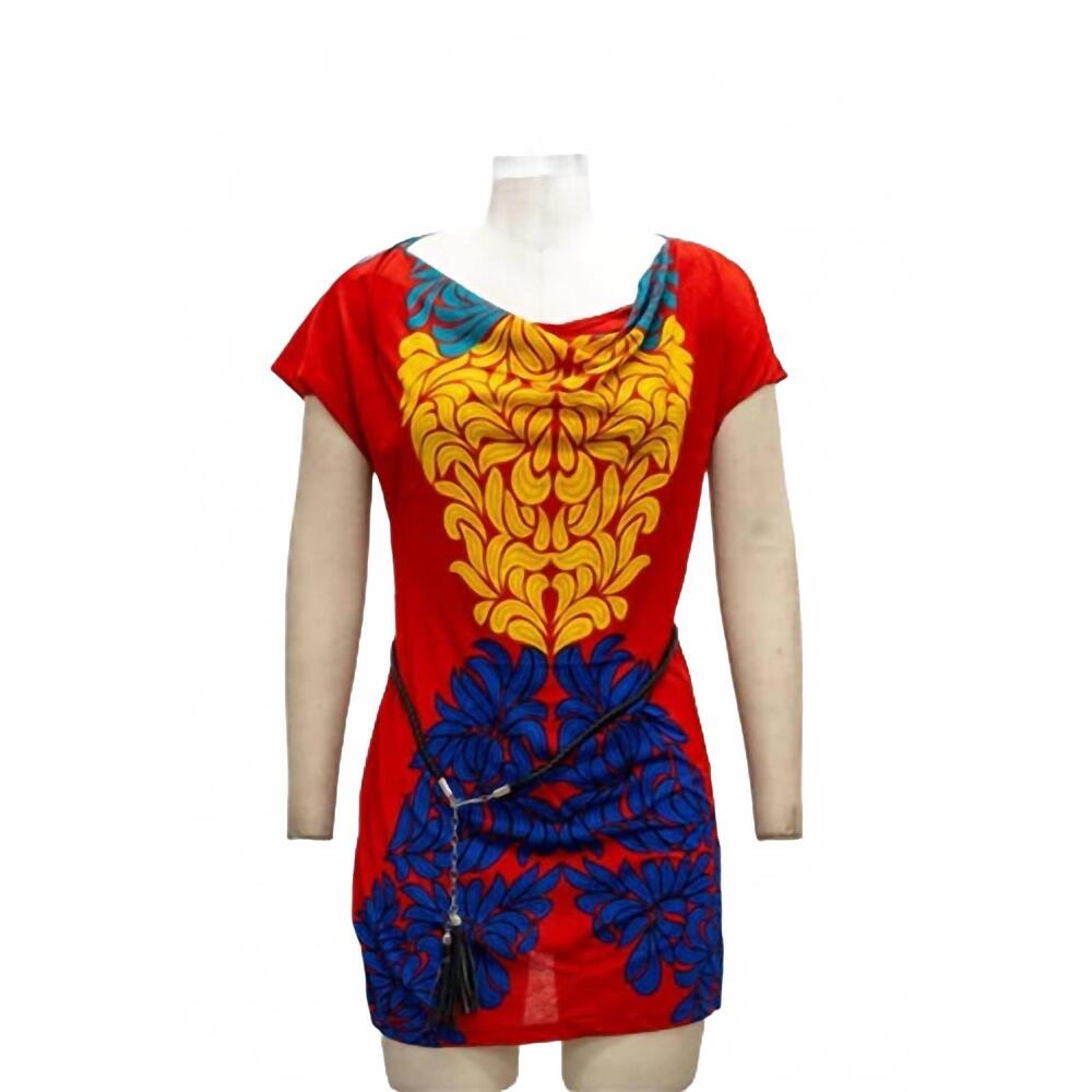 NEW PARIS PARIS women's belted cowl neck tunic top in red multi